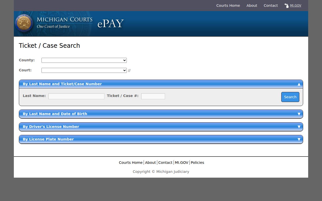 Wexford County warrant records: ePAY ticket and case search screen with county and court selectors