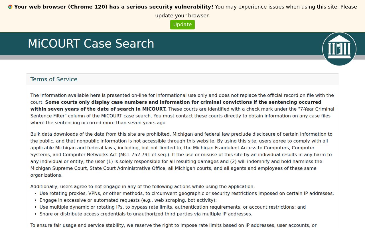 Wexford County warrant records: MiCOURT public case-search landing screen with search controls and terms