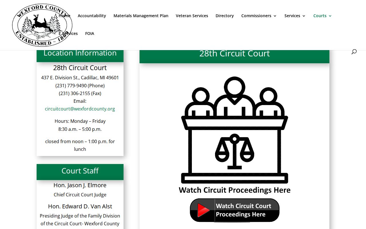 Wexford County arrest warrant page showing the 28th Circuit Court address and administrator contact