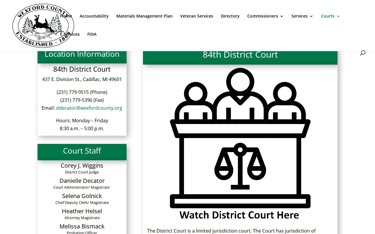 Wexford County arrest warrant page showing the 84th District Court jurisdiction, address, and staff