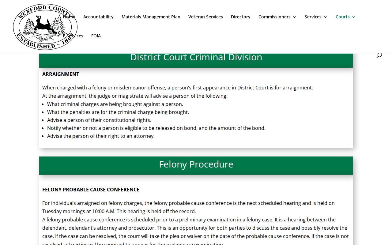 Wexford County arrest warrant page showing the district court criminal division contact and bond panel