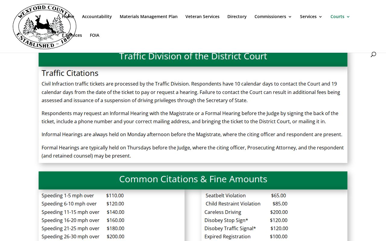 Wexford County traffic warrant page showing district court traffic deadlines and payment instructions