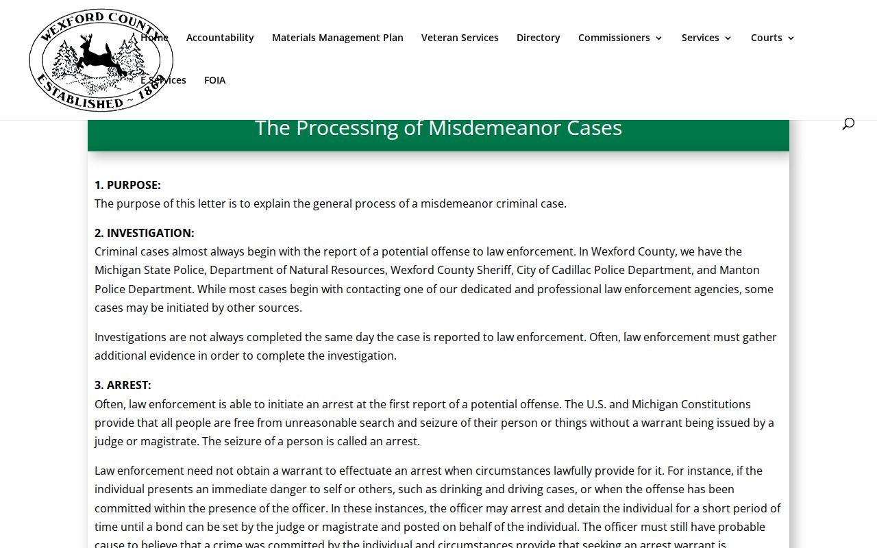 Wexford County bench warrant process page showing the complaint, warrant, arraignment, and bond workflow