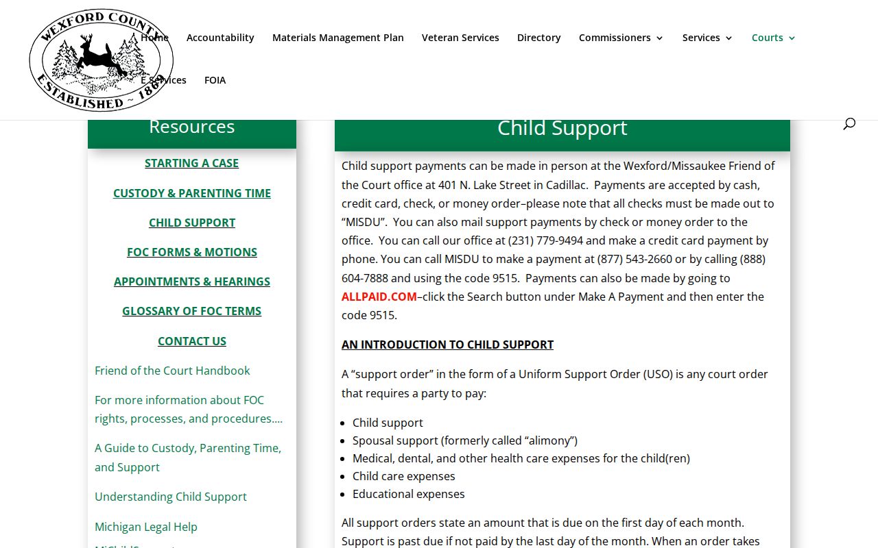 Wexford County bench warrant page for Friend of the Court child support payment and show cause contact