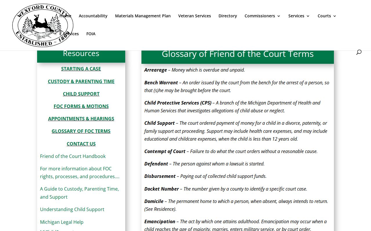 Wexford County bench warrant glossary page defining a bench warrant for county court users