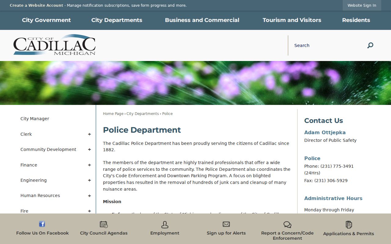 Cadillac warrant search page showing Cadillac police department contact information and mission