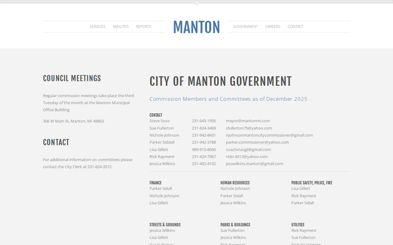Manton warrant search page showing the official Manton city office and clerk contact information